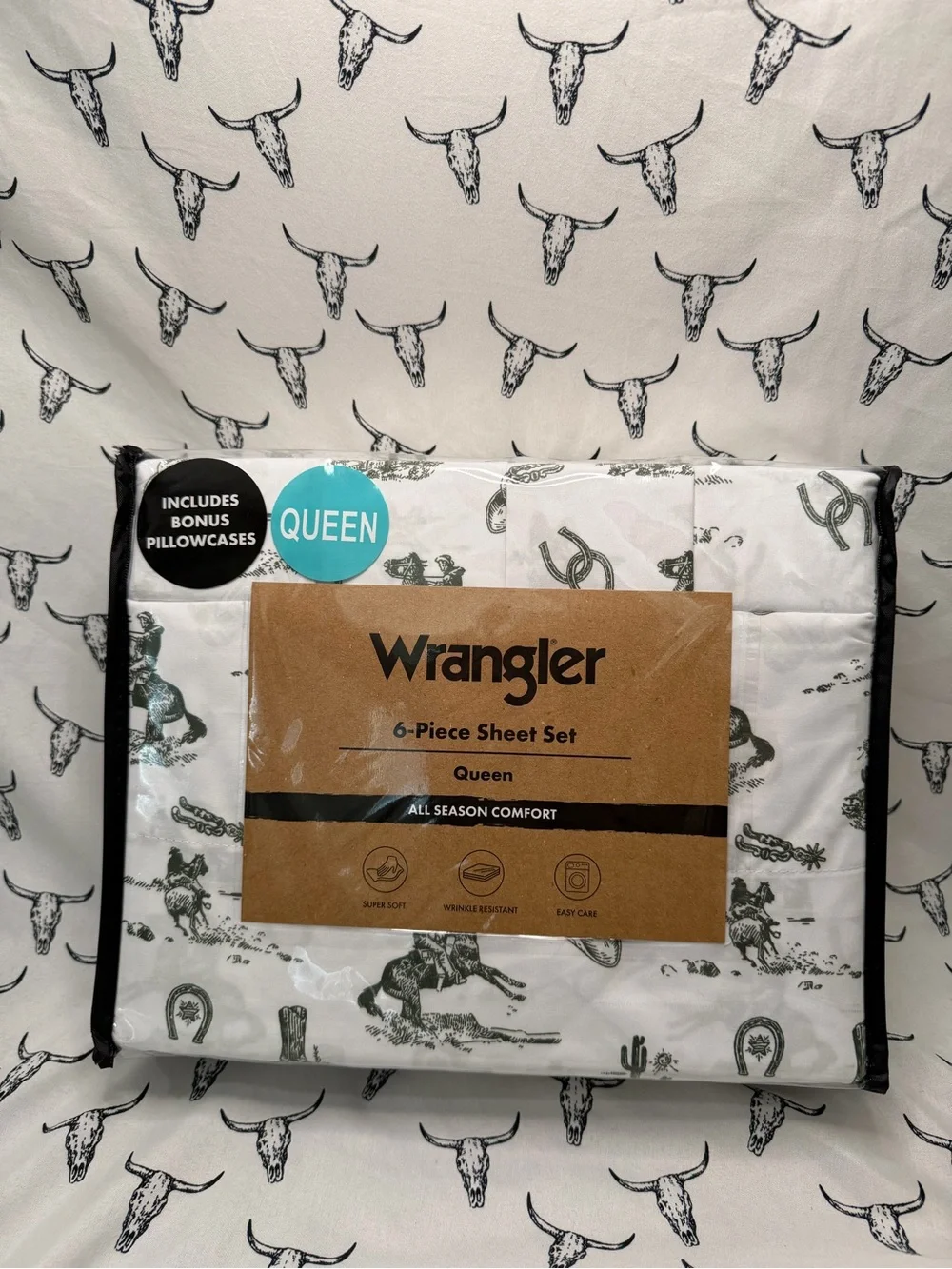 Wrangler White Sheet Set with Green Western Motif